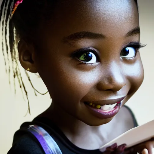 Image similar to stunning, coherent, impressive, detailed still of happy black little girl in school, follow shot, 3d, in the style of pixar, comic book style, 3d, highly detailed, sharp focus, bokeh, depth of field, 16k resolution, Unreal Engine 5, coherent, cinematic lighting, photorealistic, by Zhang Jingna