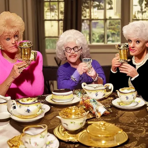 Image similar to john cena having tea with the golden girls, realistic photography, face detailed, high detailed
