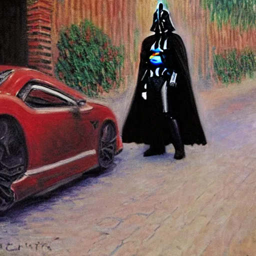 Image similar to Darth Vader driving a car in an alley, Painting by Claude Monet, Highly Detailed