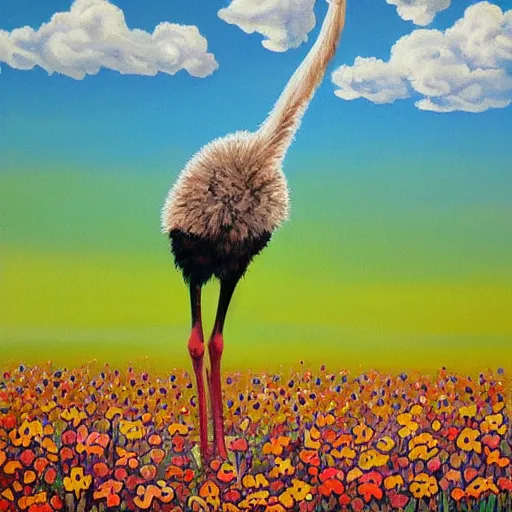 Prompt: a painting is of an ostrich in a field of flowers. the ostrich is a beautiful white bird with long legs. the flowers are a mix of colors including yellow, orange, and pink. the background is a blue sky with clouds.