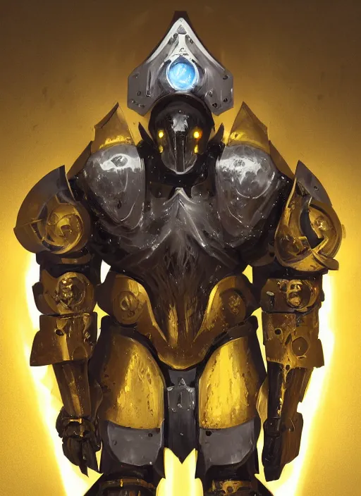 Image similar to dynamic abstract portrait of a intricate glorious holy mechanical warforged character in yellow armor holding a paladin engraved great longsword drawn and carrying a big paladin shield, beam glowing eye , epic , trending on ArtStation, masterpiece, cinematic lighting, by Ross Tran and by Greg Rutkowski