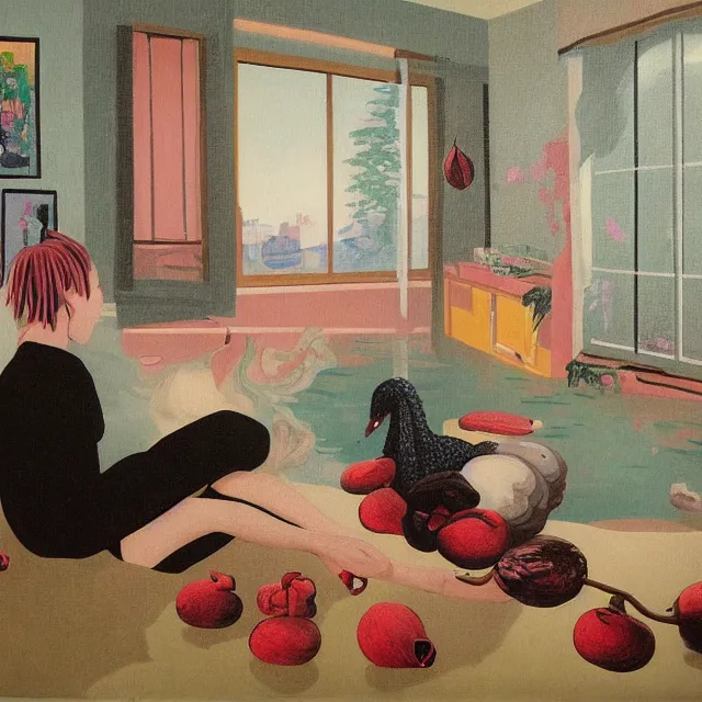 Image similar to female emo art student in her apartment, painting of flood waters inside an artist's feminine bedroom, a river flooding indoors, pomegranates, pigs, ikebana, water, octopus, river, rapids, waterfall, black swans, canoe, berries, acrylic on canvas, surrealist, by magritte and monet