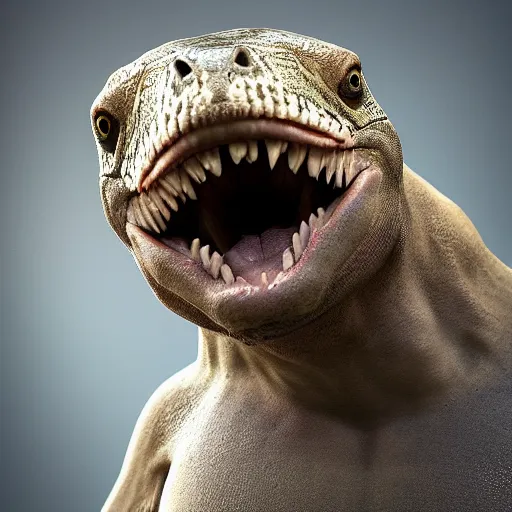 Image similar to Boris Johnson with Lizard body, realistic artstyle, wide shot, dramatic lighting, octane render, hyperrealistic, high quality, highly detailed, HD, beautiful, cinematic, 8k, unreal engine, facial accuracy, symmetrical