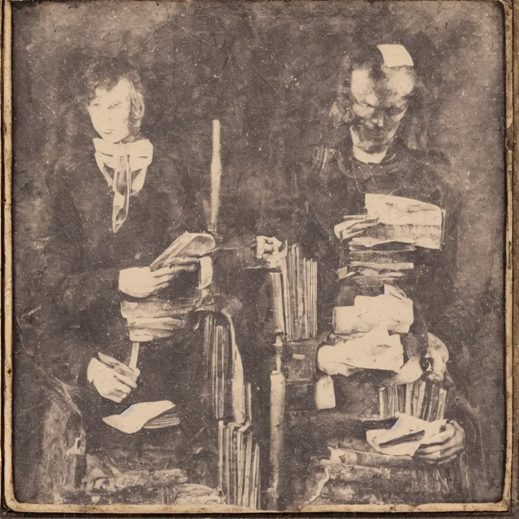 Image similar to tintype of a pagan cultist with occult books