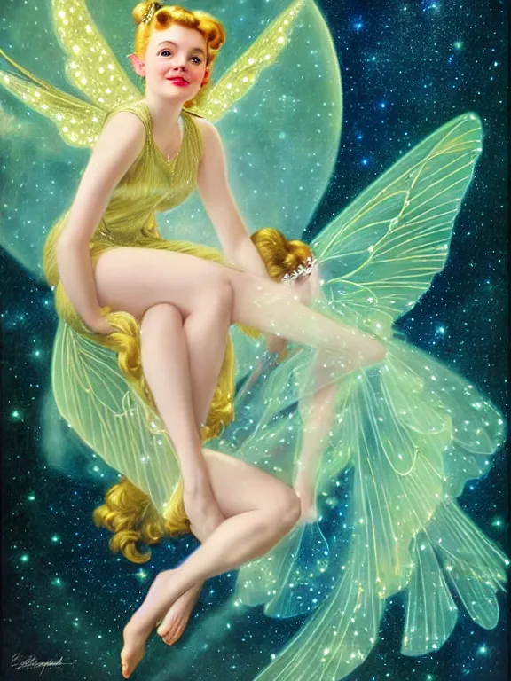 Prompt: elle fanning as tinkerbell glowing, a beautiful art nouveau portrait by Gil elvgren and Hajime Sorayama, moonlit starry sky environment, centered composition, defined features, golden ratio, gold jewlery, photorealistic professionals lighting, cinematic, sheer