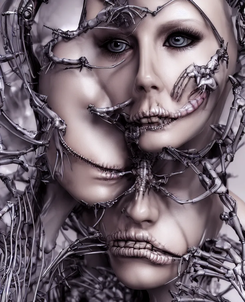 Image similar to close-up macro portrait of the face of a beautiful fashion girl with makeup, epic angle and pose, ribcage skeleton symmetrical artwork, 3d with depth of field, blurred background, cybernetic machine female face, translucent, nautilus, energy flows of love and hate, a highly detailed epic cinematic concept art CG render. made in Maya, Blender and Photoshop, octane render, excellent composition, cinematic dystopian brutalist atmosphere, dynamic dramatic cinematic lighting, aesthetic, very inspirational, arthouse, Greg Rutkowski, Ilya Kuvshinov, WLOP, Stanley Artgerm Lau, Ruan Jia and Fenghua Zhong