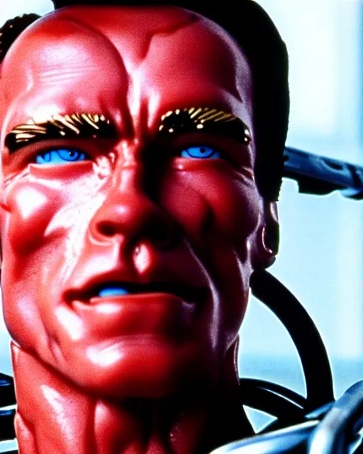 Image similar to arnold schwarzenegger as a damaged t - 1 0 0 terminator, one red robotic eye, photo