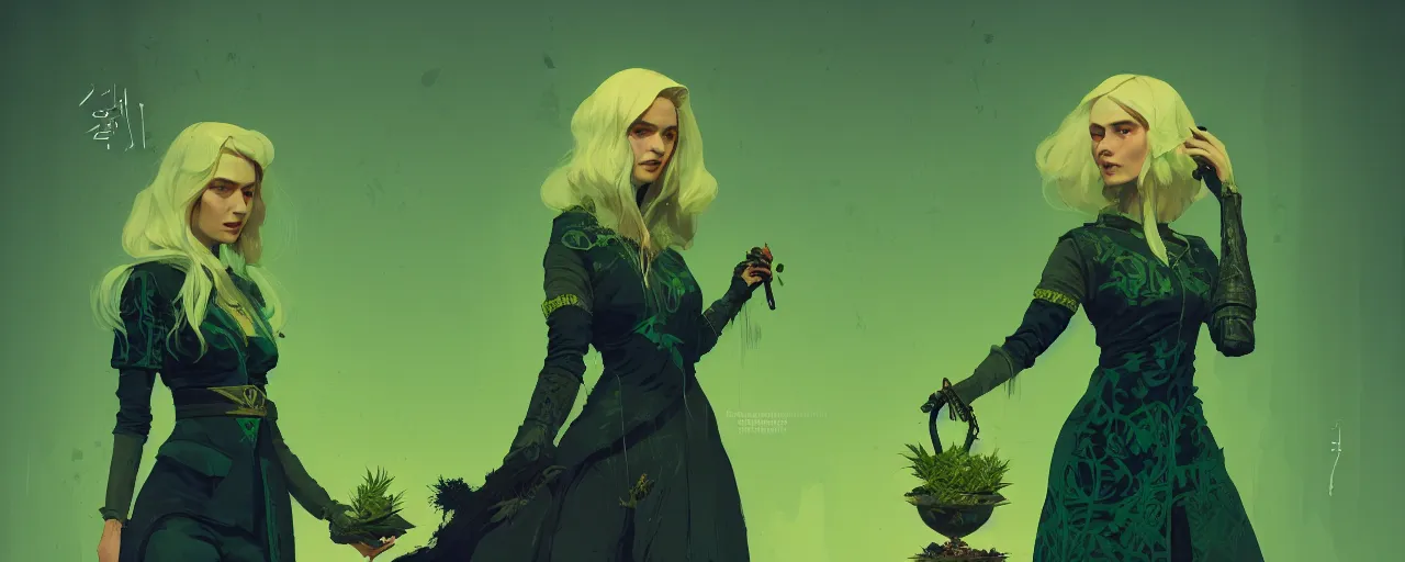 Prompt: duotone golden green noir illustration 3 / 4 portrait of keira metz with herbs sorceress from witcher 3 platin blonde hair folk in rustical clothes. by sachin teng and sergey kolesov and ruan jia and heng z. graffiti art, scifi, fantasy, hyper detailed. octane render. concept art. trending on artstation