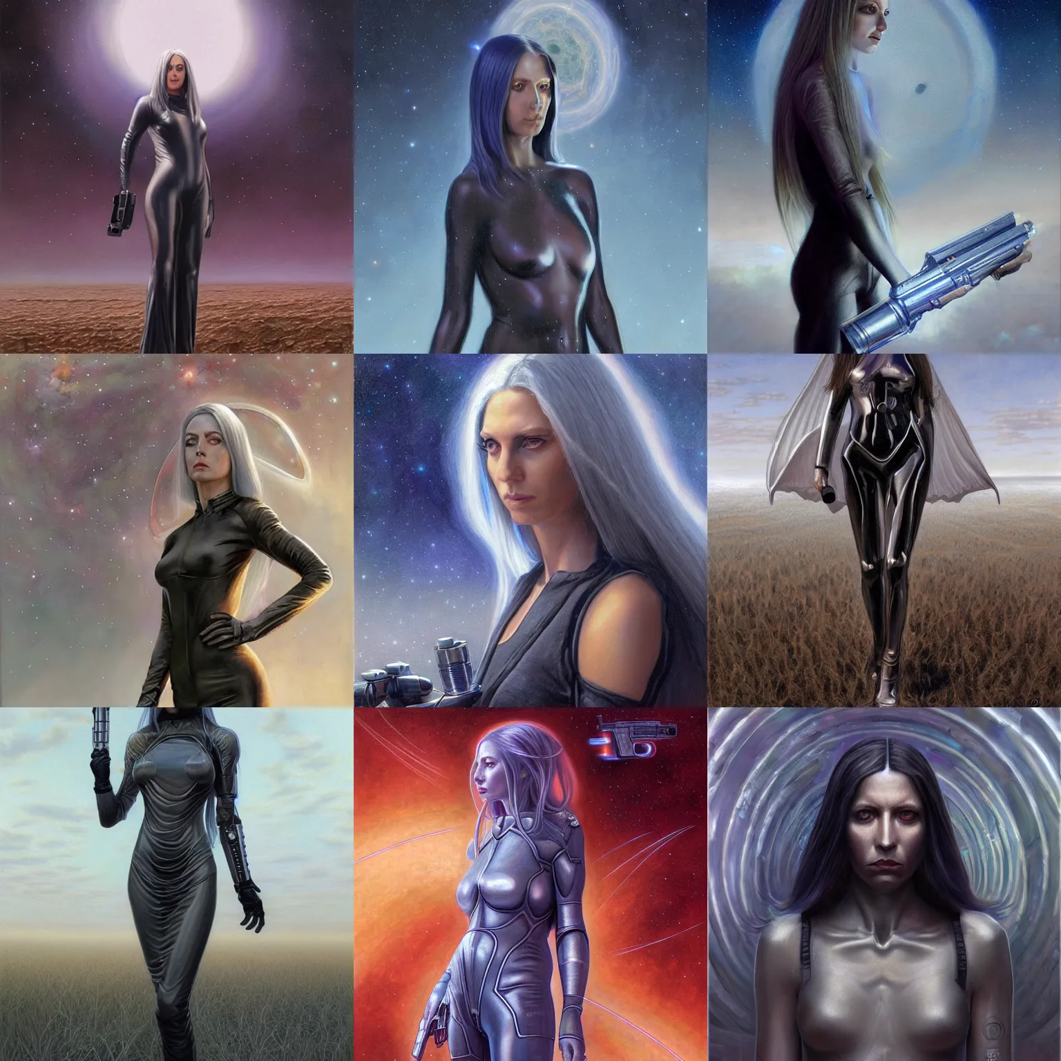 Prompt: pleiadian woman with big eyes and long silver hair wearing a dark body suit and holding a plasma gun as a realistic sci fi character, portrait art by donato giancola and greg rutkowski, digital art, trending on artstation, standing in a barren field, silver hair