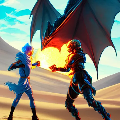 Prompt: dragon spits fire on a blue knight holding a gold sword, a green hatchback car is nearby, low wide angle, anime, desert landscape, greg rutkowski, Murata, one punch man manga,