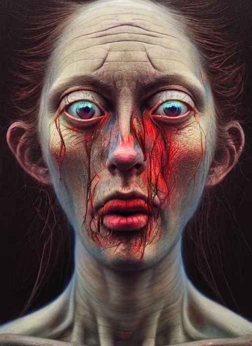 Image similar to there is ugliness in beauty, but there is also beauty in ugliness detailed portrait painting inspired by beksinski and alex gray, anamorphic lens, anamorphic lens flares, kodakchrome, cinematic composition, practical effects, painterly ghibli style, by jenny saville. 8 k