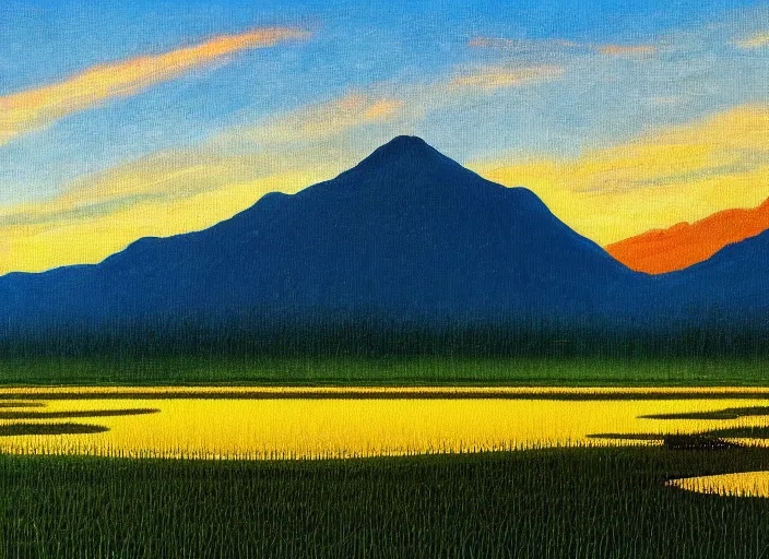 Image similar to painting of a rice paddy with two mountains in the background, a road in the middle, big yellow sun rising between the mountain, masterpiece