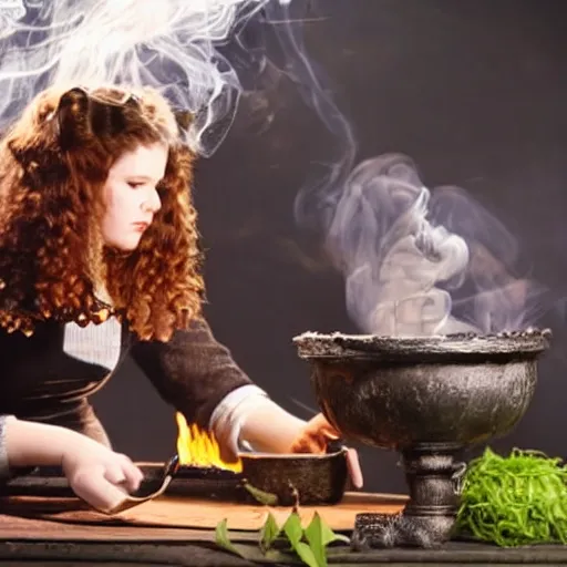 Prompt: teen witch mixing a spell in a cauldron, wispy smoke, studio photography, a black cat, green glowing smoke is coming out of the cauldron, ingredients on the table, apothecary shelves in the background, still from the tv show