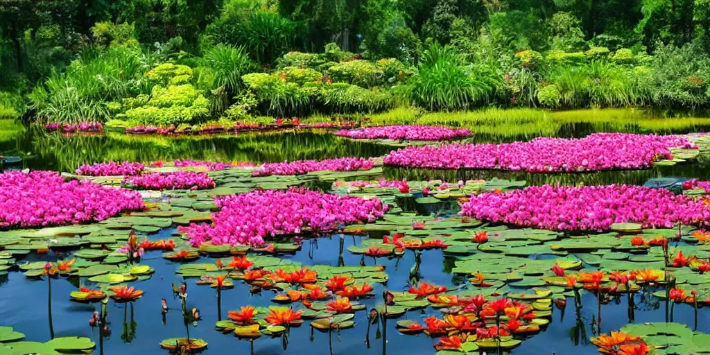 Prompt: beautiful pond covered with vibrant carpet of lilies and lotus flowers, shimmering fairytale atmosphere, god's rays