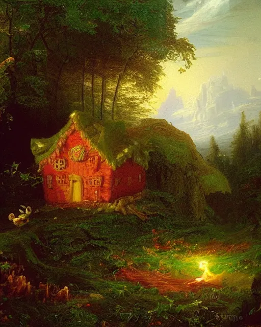 Image similar to an oil painting of a candy - covered gingerbread witch's house in the forest, by thomas cole, ivan shiskin, and james gurney