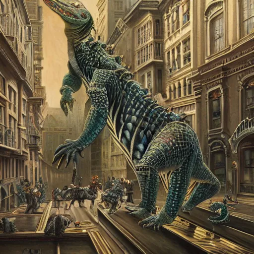 Image similar to reptilian beast walks through the center of a city, extremely detailed oil painting, 1 9 2 0's colored pencil, highly detailed, highly accurate, deep aesthetic, 8 k, highly ornate intricate details, cinematic lighting, rich colors, beautiful scenic view, ray tracing, hyperrealistic, photorealistic, cinematic landscape, trending on artstation, concept art,