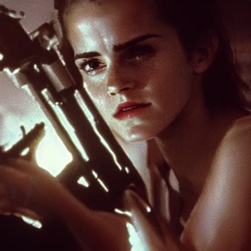 Image similar to film still of Emma Watson holding a flamethrower in Alien 1979, 4k