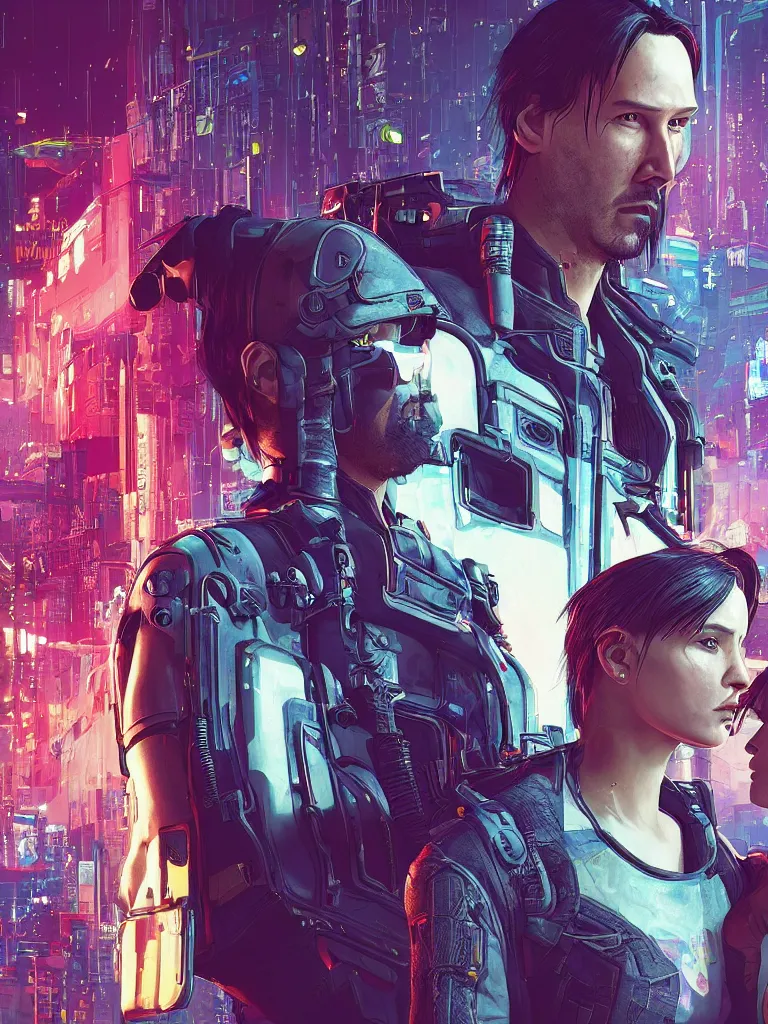 Image similar to a cyberpunk 2077 couple portrait of Keanu Reeves as Johnny Silverhand and female V in daily life ,love story, pray, hug, hold, kiss, film lighting, by Josan Gonzalez,Andrei Riabovitchev, Tom Bagshaw,Laurie Greasley, Dan Mumford, John Wick, Speed, Replicas, Destination Wedding, The Lake House, artstation, full of color, Digital painting, face enhance, highly detailed,8K, octane, golden ratio, cinematic lighting