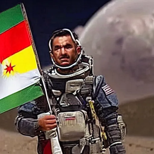 Image similar to kurdish astronaut holding a kurdistan flag in a movie directed by christopher nolan, movie still frame, promotional image, imax 7 0 mm footage