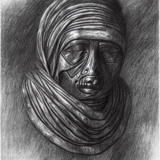 Prompt: on the head of a warrior, lies the hand of a mummy, pencil drawing, engraving, simple drawing, few details