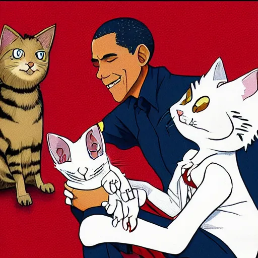 Image similar to “anime key visual of Obama petting a cat, pixiv”