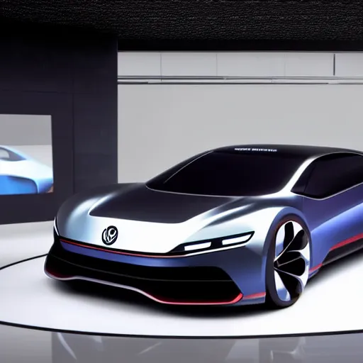 Image similar to a concept volkswagen vision gran turismo supercar inside a dark showroom with studio spotlights reflecting on the bodywork