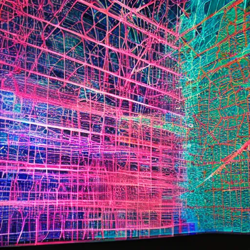 Prompt: photo of data - driven, inspired by refik anadol, three - dimensional, generative structures, multi - coloured, cinematic