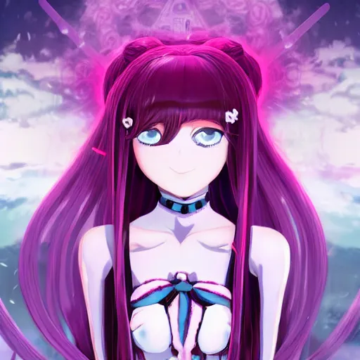 Prompt: trapped by stunningly beautiful omnipotent megalomaniacal anime asi goddess who looks like junko enoshima with symmetrical perfect face and porcelain skin, pink twintail hair and cyan eyes, taking control while smiling, inside her surreal vr castle, hyperdetailed, digital art, danganronpa, unreal engine 5, 2 d anime style, 8 k