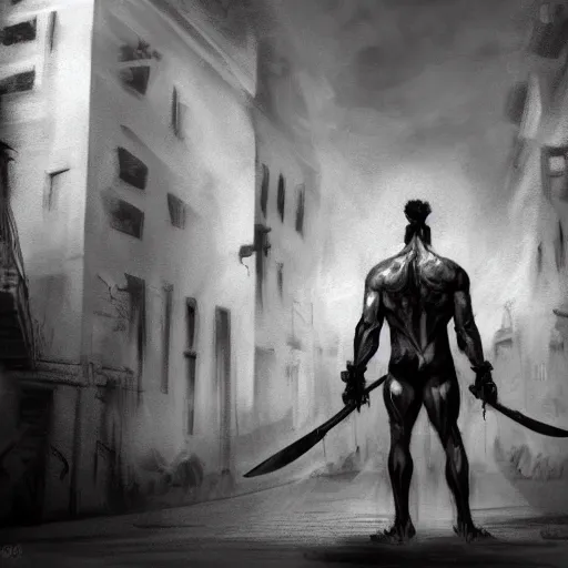 Prompt: black and white muscular demon man holding bayonet knife exploring urban environment, concept art trending on art station 4k award-winning unreal engine