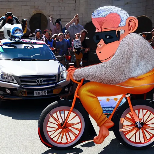 Prompt: monkey driving a bike with wheel of donuts wins tour the france