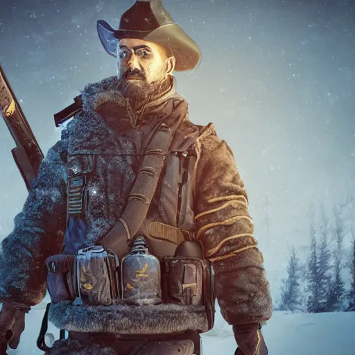 Image similar to A comic book style portrait painting of a male sheriff ranger in a a post apocalyptic winter landscape, unreal 5, DAZ, hyperrealistic, octane render, RPG portrait, ambient light, dynamic lighting