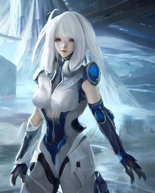 Image similar to perfect white haired girl, warframe armor, beautiful, dreamy, pretty face, blue eyes, portrait, detailed, bright light, scifi, amazing, utopian architecture in the background, laboratory, 4 k, ultra realistic, aura of light, cinematic, high detail, masterpiece, art by akihito tsukushi, akasuki brightmind