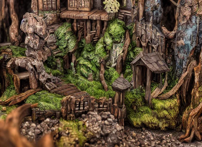 Image similar to high - res gopro photograph from within a wooden sculpture diorama with a fantasy castle, highly detailed sculpey diorama, forest setting in iceland, waterfall backdrop, realistic materials, wood, felt, cloth, burlap, copper wire, hot glue, smooth, sharp foccus, commercial product photography,