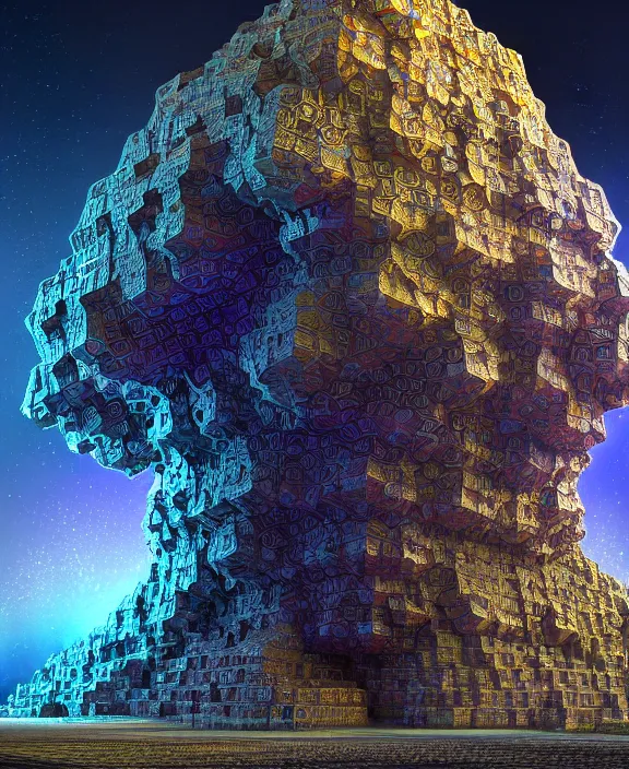 Prompt: giant art of fractal bismuth golem consists of bismuth geodes, fractalization, extremely high details, masterpiece, photorealistic, hyperrealism, vray, octane render, volumetric lighting, depth of field, bokeh, artstation, cgsociety by johannen voss, michael whelan, greg broadmore, frank frazetta