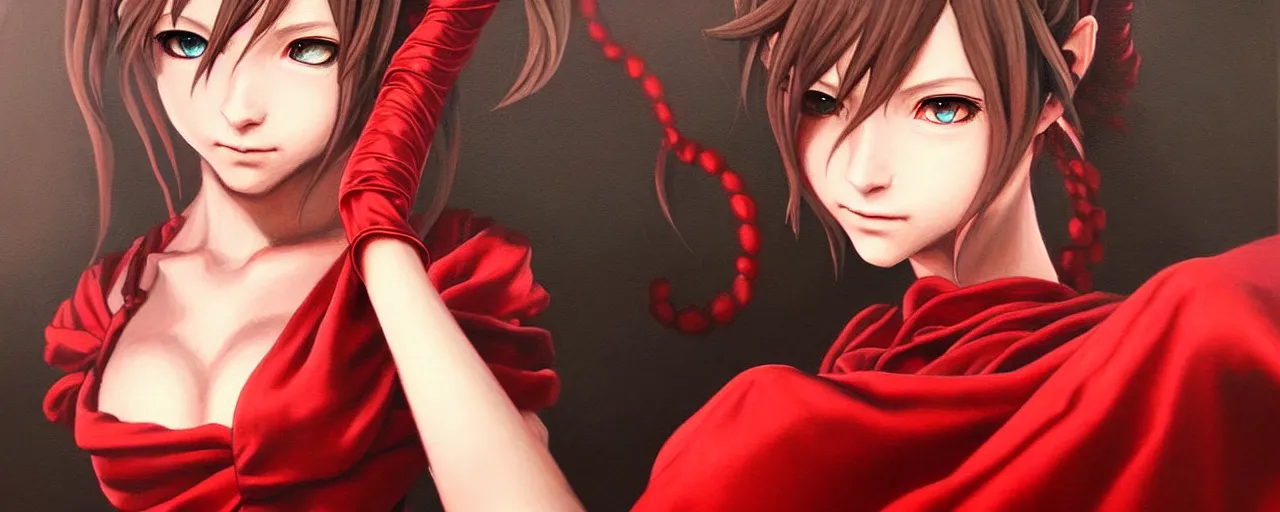 Image similar to a portrait of catgirl wearing red silk dress an ultrafine detailed painting, detailed painting, detailed eyes!!, final fantasy octopath traveler realistic hands ghibly