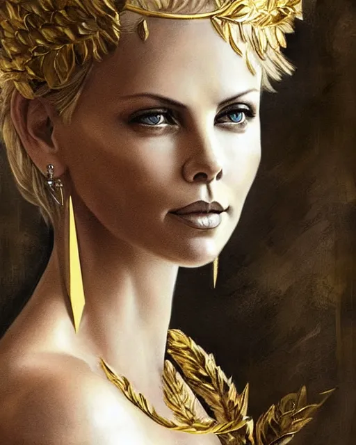 Prompt: tattoo sketch of charlize theron as aphrodite the greek goddess wearing a gold laurel wreath and triangle earrings, beautiful piercing gaze with sharp pupils, in the style of greg rutkowski, fantasy, amazing detail, epic, elegant, smooth, sharp focus, front view