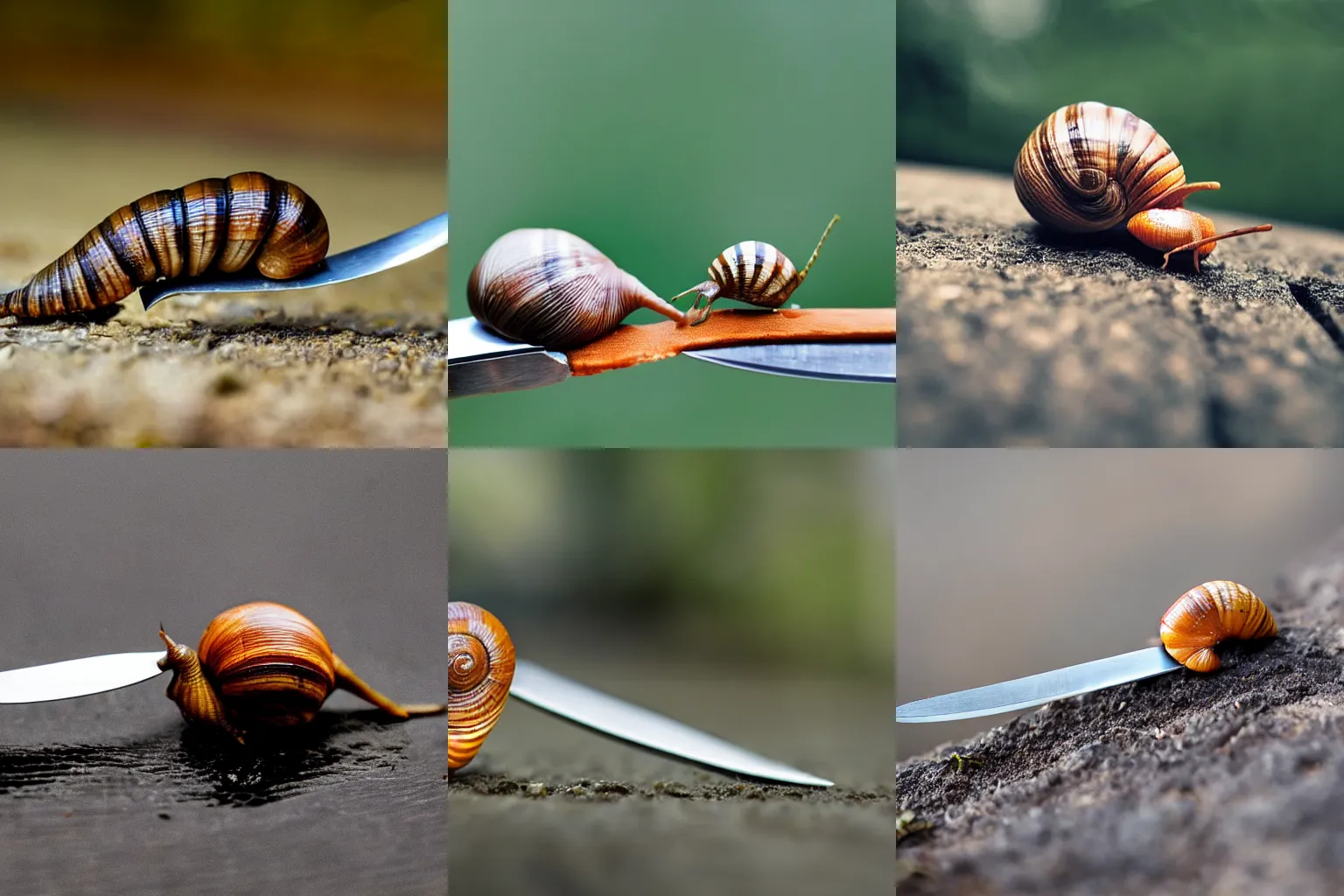 Prompt: A snail crawling on edge of a knife, award winning photography