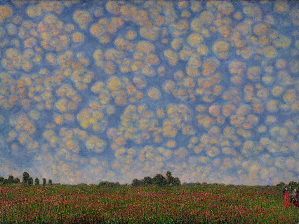 Prompt: astragalus on the psychedelic burial mound, mammatus cloud, paintinb by simon stalenhag, claude monet