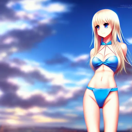 Image similar to tiny father a tall daughter picture : a very beautiful young blond anime girl, sky blue eyes, bikini, white miniskirt, highly detailed, cinematic wallpaper by stanley artgerm lau