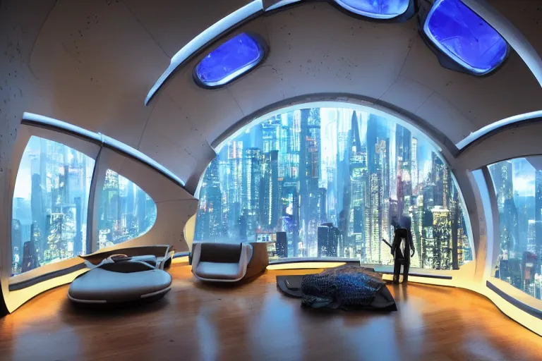 Image similar to a futuristic bedroom with large curved ceiling high windows looking out to a far future cyberpunk cityscape, cyberpunk neon lights, raining, scifi