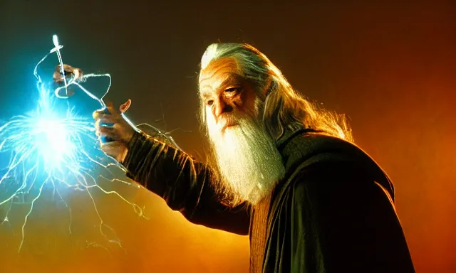 Prompt: cyber - gandalf with large robotic arm with sparks battling the balrog epic cinematic 3 5 mm photograph