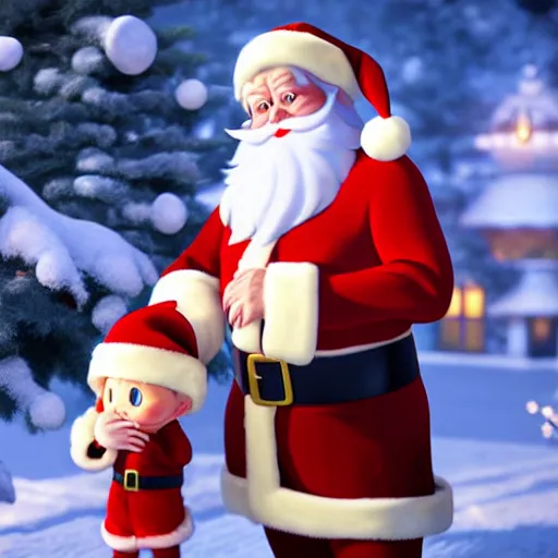 Image similar to a wholesome animation key shot of santa claus giving presents, medium shot, studio ghibli, pixar and disney animation, sharp, very detailed, high resolution, rendered in unreal engine 5, anime key art by greg rutkowski, bloom, dramatic lighting