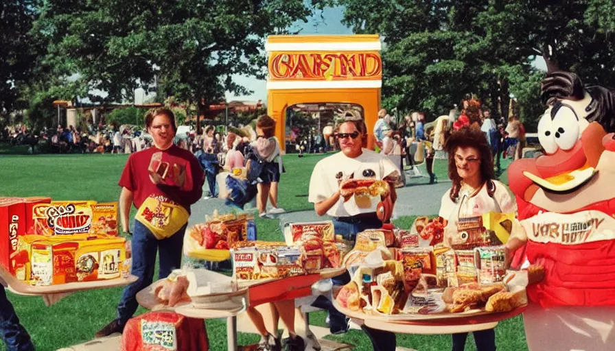 Image similar to 1990s candid photo of a beautiful day at the park, cinematic lighting, cinematic look, golden hour, costumed packaged food mascot people in the background, Enormous personified packaged food people with happy faces and hands talking to families, UHD