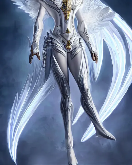 Image similar to perfect white haired egyptian goddess wearing white dove wings, warframe armor, regal, attractive, ornate, sultry, beautiful, dreamy, half asian, pretty face, blue eyes, detailed, scifi platform, 4 k, ultra realistic, epic lighting, android body, illuminated, cinematic, masterpiece, art by akihito tsukushi, voidstar, artgerm