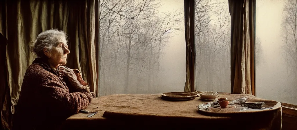 Image similar to portrait bust of old woman sitting at table, hands in pockets, looking outside, tired expression, faded color film, russian cinema, tarkovsky, technicolor, inside old cabin, next to window, heavy forest outside, long brown hair, old clothing, heavy fog, brown color palette, sunset, low light, hudson river school, 4 k, dramatic lighting