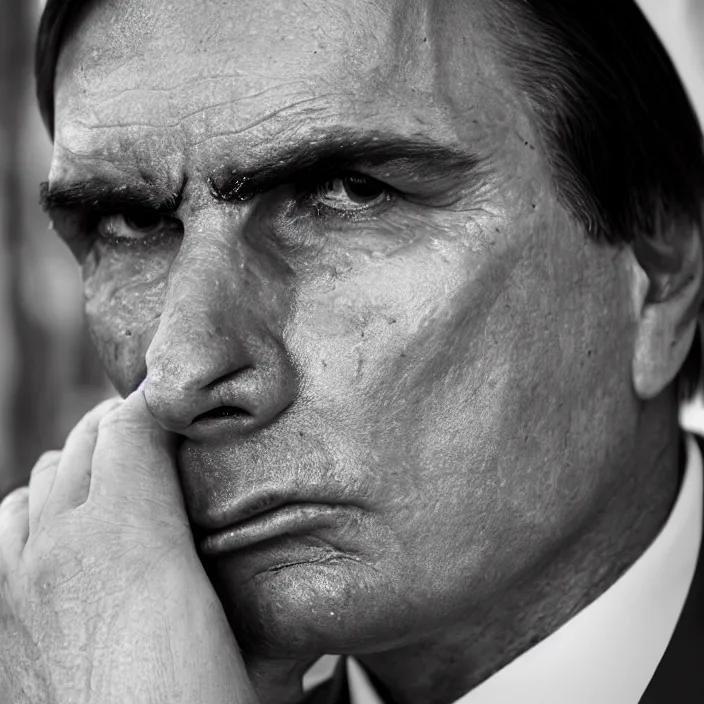 Image similar to photo of Jair Bolsonaro crying looking to workers party , hyper realism, high detail, octane render, 8k, chrome accents