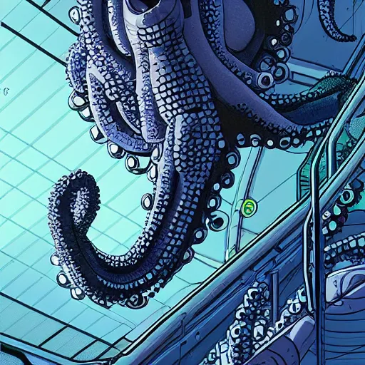 Image similar to robotic Octopus in an airlock, Industrial Scifi, detailed illustration, character portrait, by Martin Grip and Moebius