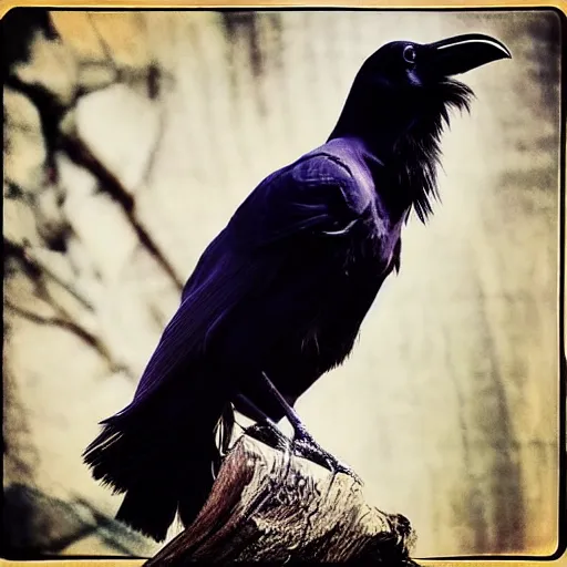Image similar to “a raven looks at the camera. full of personality and charisma. Striking features and pose.”