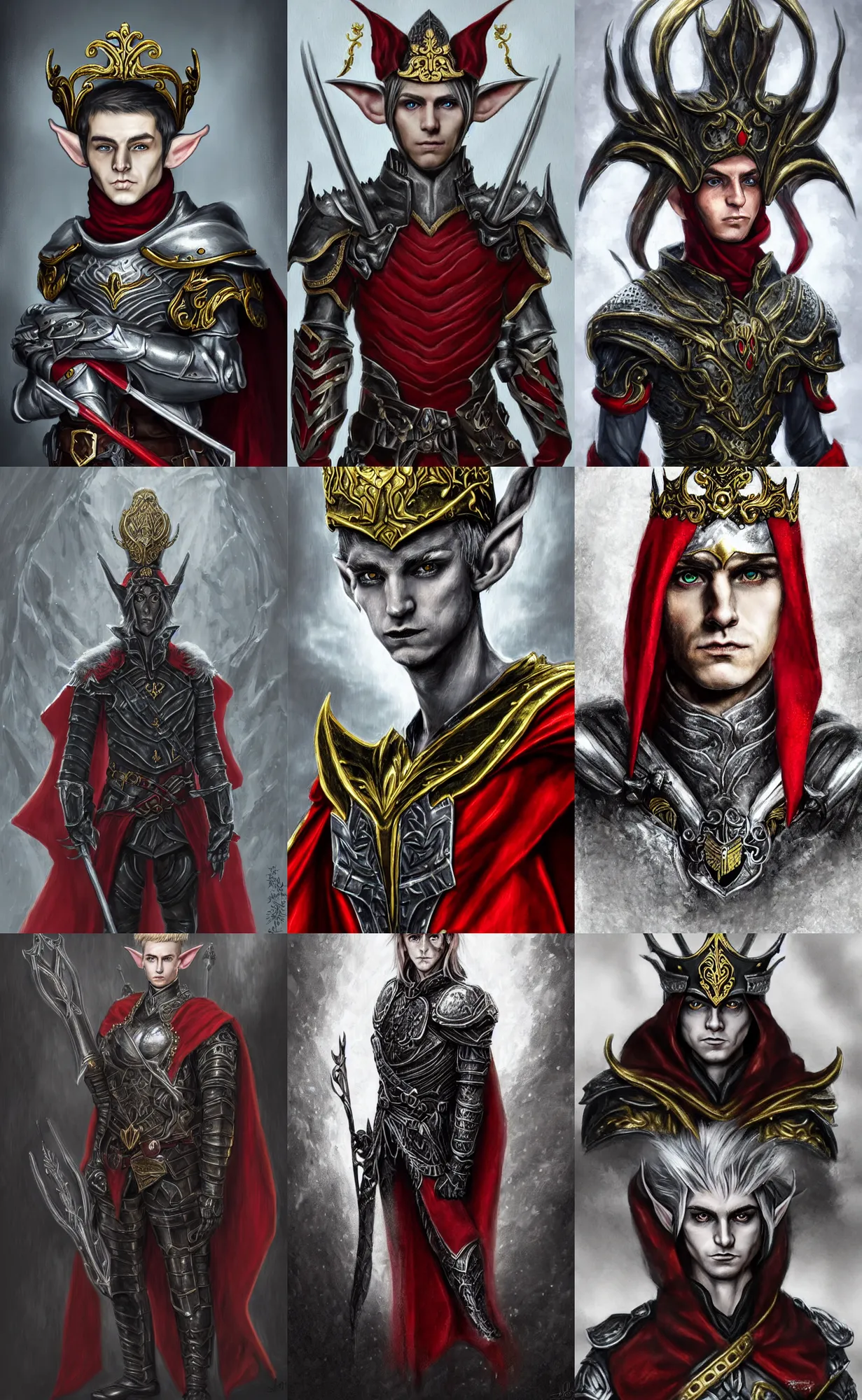 Prompt: A portrait of an elf, he is about 20 years old, short silver hair, red piercing eyes, lean and muscular, attractive, military composure, royalty, smug look, he is wearing a black metal tiara!!!, black heavy armor with gold plating!!!, and a red cape!!! | highly detailed portrait, digital painting, concept art, illustration, smooth, sharp focus, ArtStation, ArtStation HQ