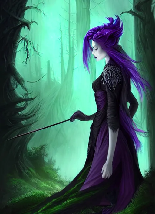 Image similar to side portrait dark witch, adventurer outfit large cloak, fantasy forest landscape, dragon scales, fantasy magic, undercut hairstyle, short purple black fade hair!!!!!!, dark light night, intricate, elegant, sharp focus, illustration, highly detailed!!!!!!!, digital painting, concept art, green neon smoke, matte painting, art by WLOP and Artgerm and Greg Rutkowski and Alphonse Mucha, masterpiece